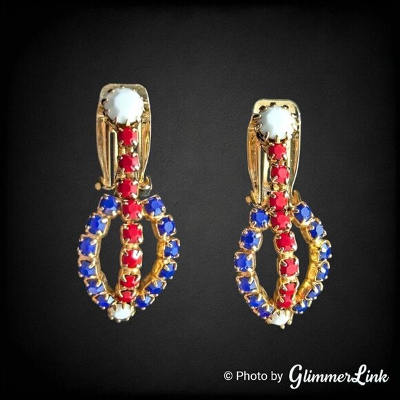 Vintage Red White & Blue Rhinestone Patriotic Dangle Gold Tone Clip On Earrings - Picture 1 of 10